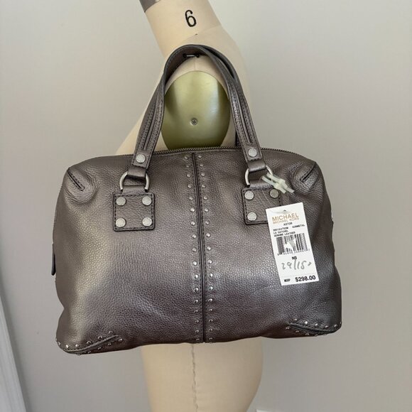 Michael Kors Leather Astor Studded Satchel Gunmetal Large Handbag - Picture 3 of 11